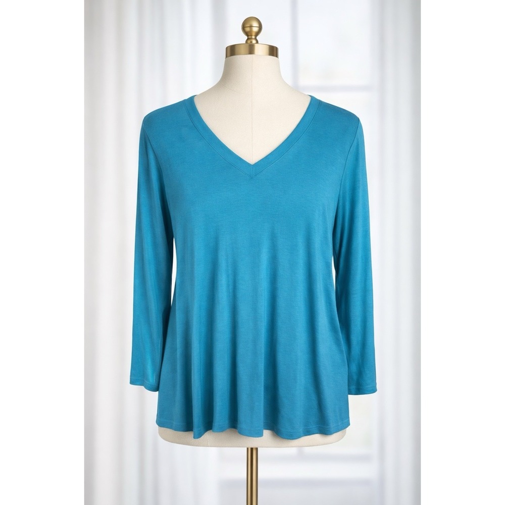 J Jill Wearever Collection Popover Top XL 3/4‎ Slv V Neck Teal Blue Relaxed Fit